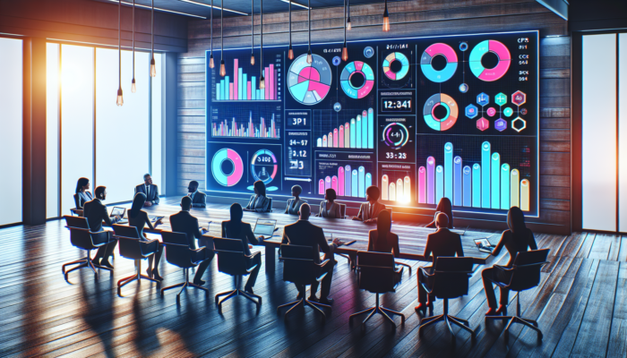 A diverse group of marketers in a meeting room analyzing budget and bidding strategies with digital screens displaying CPC and CPM metrics.