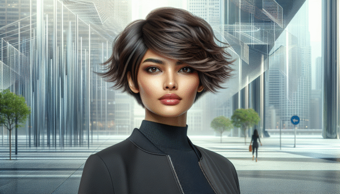 A woman flaunting a stylish short layered haircut, tailored for her oval face and wavy hair, confidently posing in an urban environment.