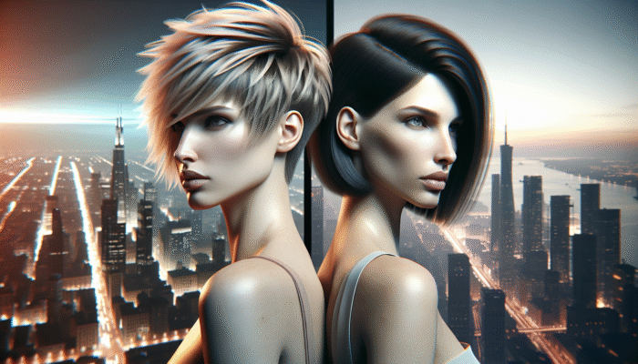 A woman with an avant-garde, asymmetrical haircut alongside another showcasing a graceful layered bob, set against the backdrop of Milan and New York.