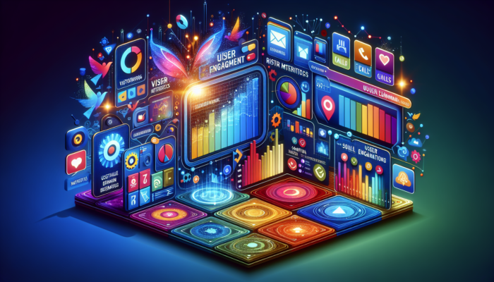 A vibrant digital interface displaying user engagement metrics such as click-through rates, call statistics, and direction requests with colourful graphs.