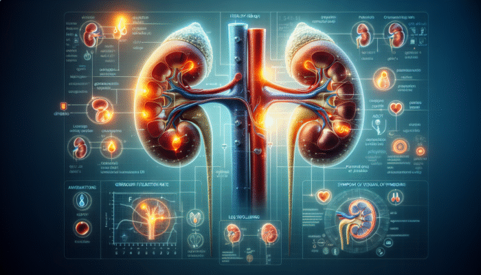 Illustration depicting kidneys and health indicators including GFR, creatinine levels, urine protein, and symptoms such as fatigue, leg swelling, and changes in urination.