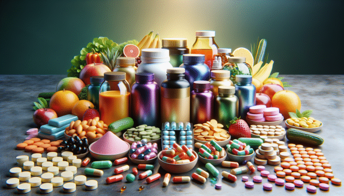A vibrant assortment of dietary supplements displayed on a table, complemented by fruits and vegetables in the background.