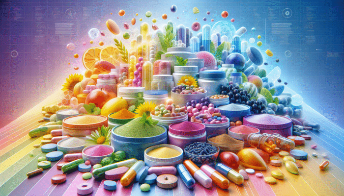 A vibrant collection of dietary supplements in various forms including capsules, tablets, and powders on a lively background.