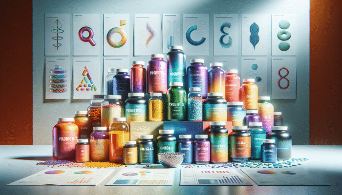 Array of specialty supplement bottles featuring probiotics, omega-3, and protein powders set against a health-oriented backdrop.