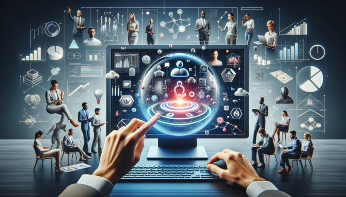 Digital workspace featuring Google My Business on screen, experts collaborating on online visibility strategies.