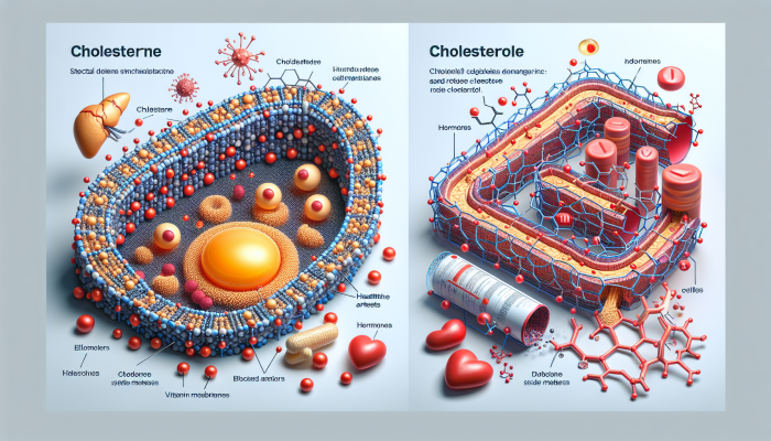 Cholesterol Blood Test in Doncaster: A molecular diagram showing the relationship between cholesterol, cell membranes, hormones, vitamin D, and contrasting artery visuals illustrating health impacts.