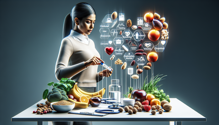Individual arranging cholesterol test kit with healthy foods on a contemporary table, symbolising health preparation.