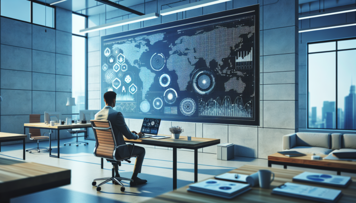 A person analyzing colourful Google Analytics graphs on a large screen in a modern office, surrounded by business strategy notes and a laptop displaying a business profile.