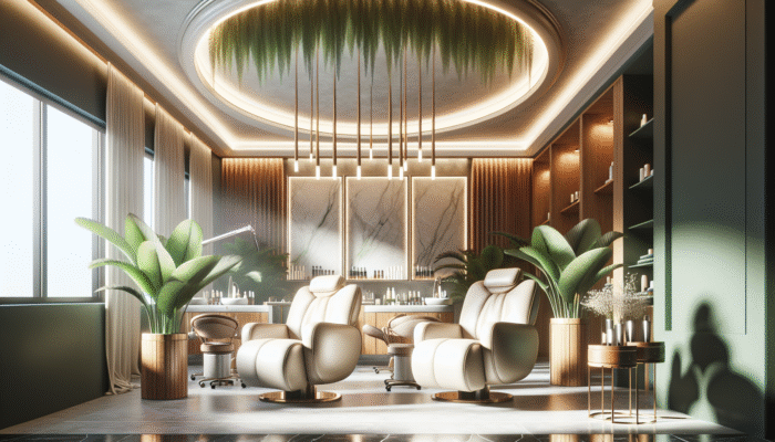 A cosy salon with soft lighting, plants, plush chairs, and warm wooden accents for a serene atmosphere.
