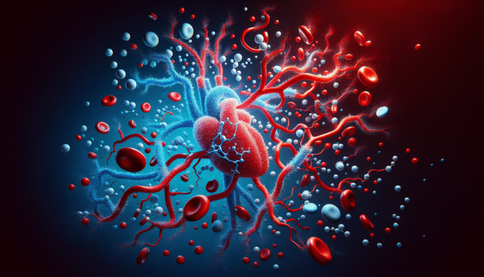 Illustration of nitric oxide molecules enhancing cardiovascular health in blood vessels, visualised with red and blue colors.