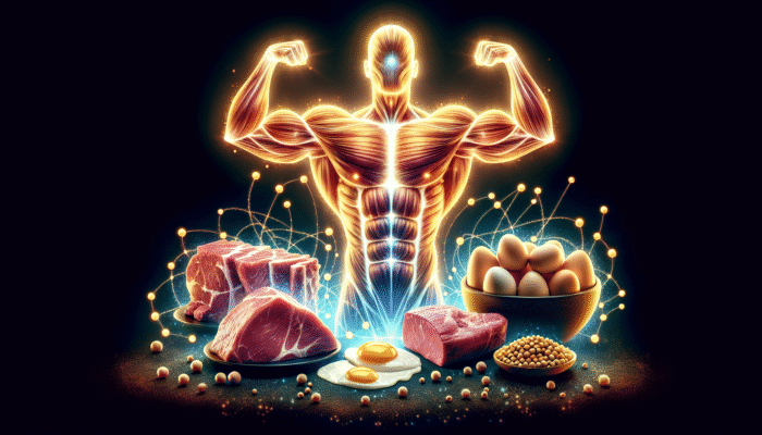 Illustration of leucine, isoleucine, valine forming muscular structure, surrounded by meat, eggs, soybeans.