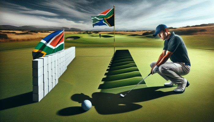 Understanding how to overcome golf mental blocks: A South African golfer confronting mental barriers, represented by an invisible barrier and shadows of doubt on the green.