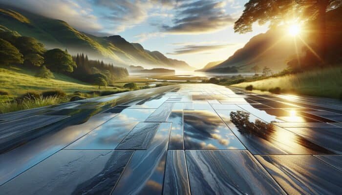 A picturesque Inverclyde landscape featuring a luxurious, waterproofed stone floor reflecting vibrant surroundings, demonstrating durability and protection.