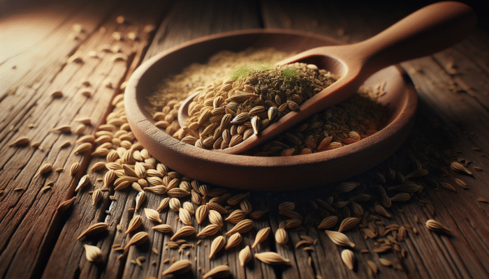 Fennel seeds on a rustic wooden table, natural remedy for bloating, highlighted by warm light.