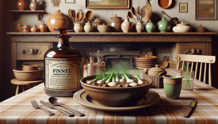 A rustic British kitchen scene with a fennel stew and a vintage medicinal bottle labeled 'Fennel Digestive Aid'.