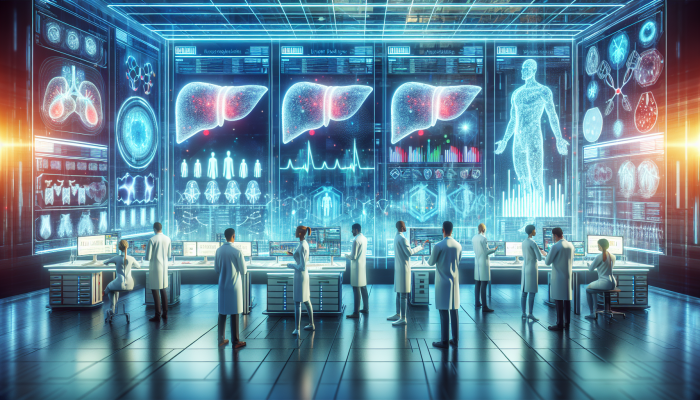 A futuristic lab with holographic displays of liver blood test results, scientists analysing data, advanced medical equipment.