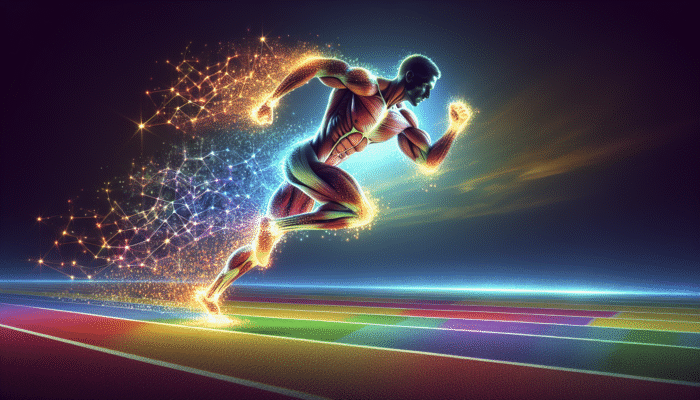 Athlete sprinting on a track, muscles enhanced by glowing creatine particles under a clear sky.