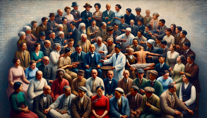 Early 20th-century British individuals gathered around an acupuncturist, expressing a blend of curiosity and skepticism towards this ancient Chinese practice.