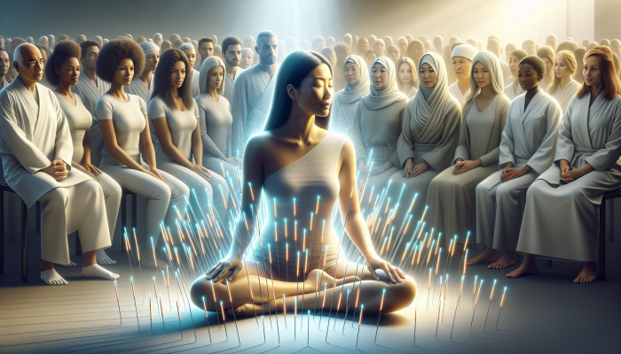 A calm Asian woman receiving acupuncture in a serene setting, surrounded by glowing needles and observed by a diverse group of onlookers.