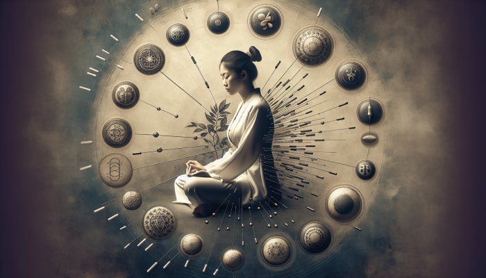 A tranquil Asian woman receiving acupuncture, surrounded by symbols of acupressure, reflexology, and cupping therapies.