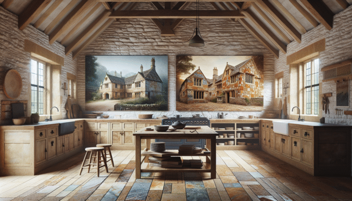 Diverse stone types in the UK: limestone in a Cotswold cottage, sandstone on a historic building, granite in a contemporary kitchen.