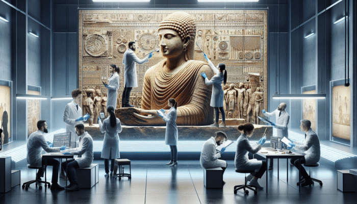 Experts examining an ancient artifact with advanced tools in a studio for optimal restoration.
