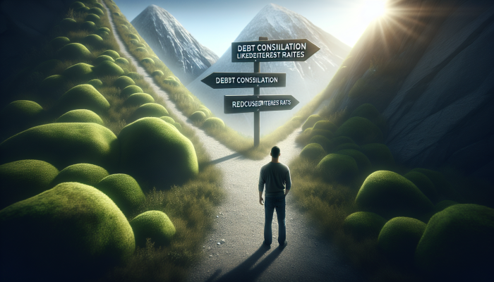 Is Debt Consolidation a Scam or Legit: A UK Guide | DCL A person at a crossroads between paths to 'Reduced Interest Rates' and 'Risks', symbolising debt consolidation.