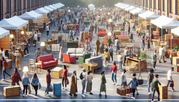 A vibrant UK community event with colourful booths for furniture exchange, promoting sustainability and community connections.