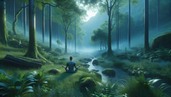 A serene person meditating in a tranquil forest, surrounded by calming colours, embodying mindfulness and resilience.