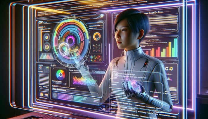 A webmaster monitors data from Google Search Console displayed on a holographic interface in a futuristic, tech-savvy environment.