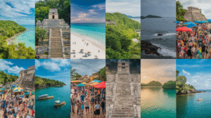 A collage of 12 photos depicting beaches, ancient stone ruins, verdant landscapes, ocean views, bustling festivals with market stalls, boats on water, and people on sandy shores under both blue and cloudy skies—perfect for a Belize travel guide.