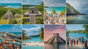 A collage of eight images portraying ancient Mayan ruins, crowded beaches, clear turquoise water, a vibrant marketplace with colourful umbrellas, tourists enjoying the scenery, and tropical landscapes under Belize’s sunny and partly cloudy skies.