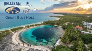 Aerial view of the Great Blue Hole near the coast with people by the water, surrounded by greenery. Text on image reads "BELIZEAN GREAT BLUE HOLE" with illustrated map, sun, clouds, an airplane—perfect for your Belize travel adventures.
