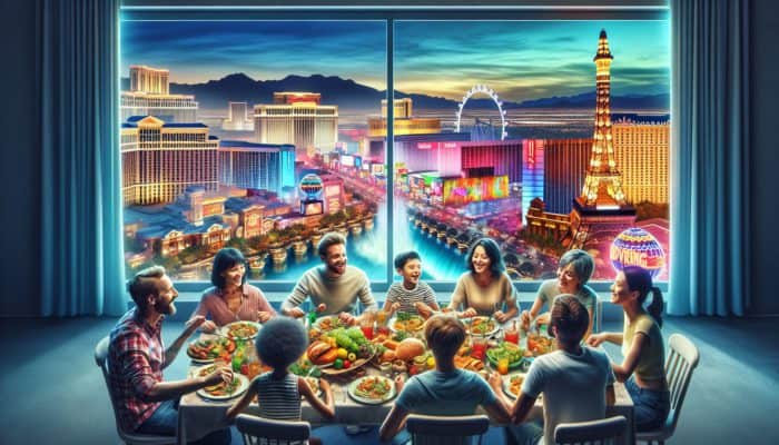 Family gathering around a meal in Las Vegas, with city attractions visible, enhancing their adventure.