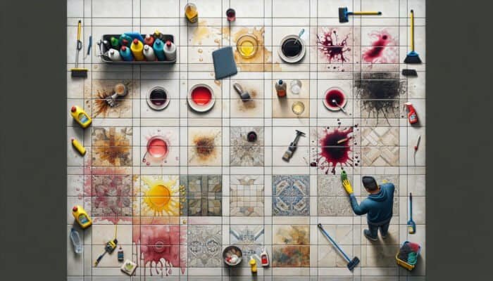 Porcelain tiles stained with wine, coffee, and grease; a person cleaning them with various tools and solutions.