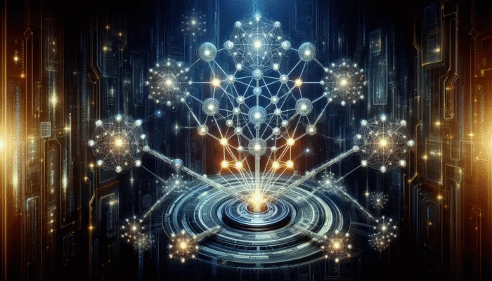 AI tool analysing luminous nodes representing premium backlink sources, elevating SEO on a futuristic digital landscape.