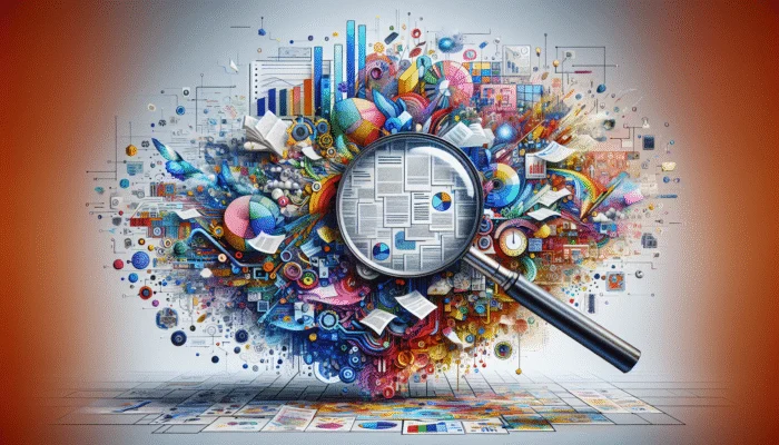 A vibrant collage with a magnifying glass over documents and colorful case studies, symbolising E-E-A-T in quality content.