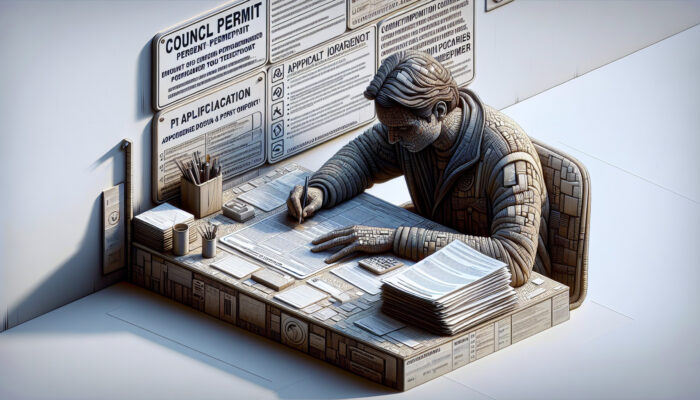 Individual completing a council permit application at a desk surrounded by documents and guidelines.