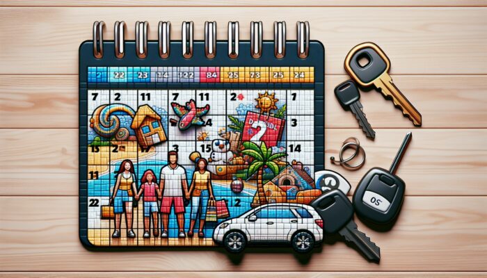 A calendar with holiday dates and discount symbols, surrounded by car keys, travel brochures, and a family planning a vacation.