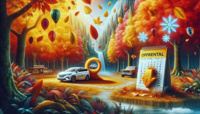A tranquil autumn landscape featuring a car rental office, vibrant falling leaves, and a calendar indicating off-peak seasons.