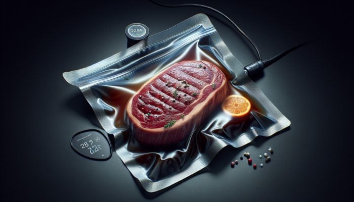 A delectable sous vide steak, tender inside with a beautifully seared crust, alongside a vacuum-sealed bag and water bath.