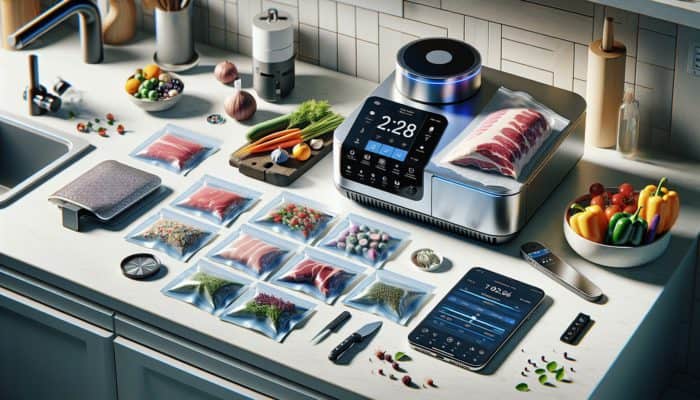 Essential sous vide equipment including a precision cooker, vacuum-sealed bags, digital thermometer, and smartphone app on a kitchen countertop.