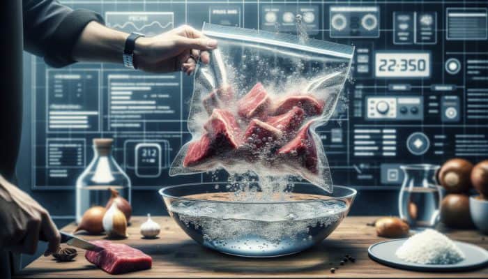 Zip-lock bag containing marinated steak in water, expelling air for sous vide cooking.