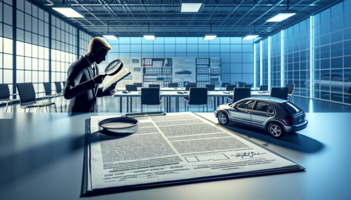 Individual scrutinising rental contract with a magnifying glass, focusing on vehicle condition, fuel policy, and fees.
