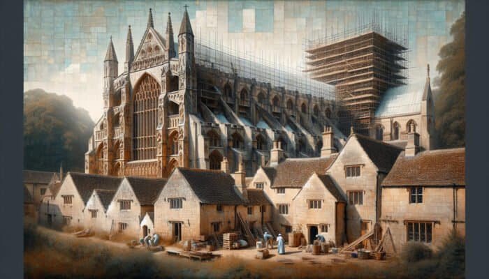 Detailed view of Westminster Abbey and Cotswold cottages, showcasing textured limestone facades and restorers actively engaged in their work.