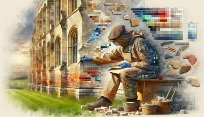 A UK restorer using local limestone varieties on a historic building, highlighting the significance of regional expertise.
