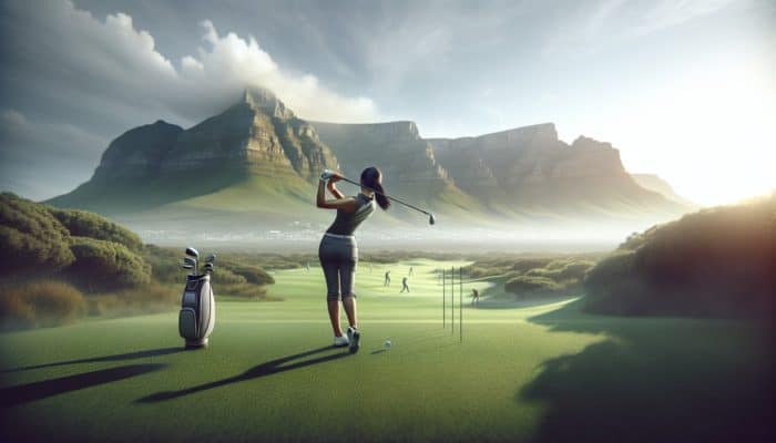 A golfer in South Africa executing a slow, controlled backswing on a green course with Table Mountain in the background.