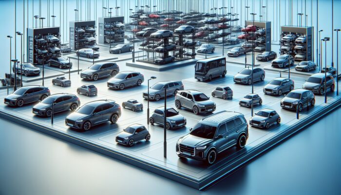 A diverse fleet of vehicles featuring compact cars, luxury sedans, and SUVs in a rental lot.