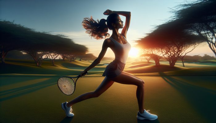 Golfer executing dynamic arm circles and leg swings at dawn, followed by static stretches at dusk on a lush course.