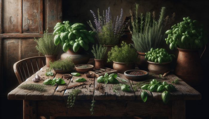 A rustic kitchen scene featuring fresh herbs like basil, rosemary, and thyme layered on a wooden table.
